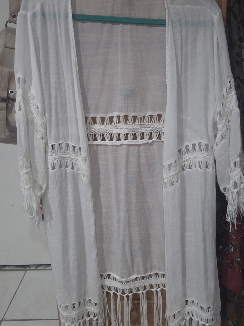 White Crochet-Trim Swim Cover-Up, Kimono, Cardigan, Shawl